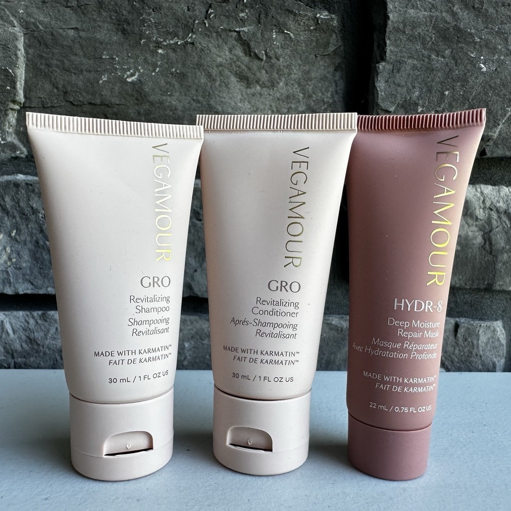 Vegamour GRO Vegan Travel Set: Shampoo & Conditioner 30mL + HYDR-8 Mask - NEW